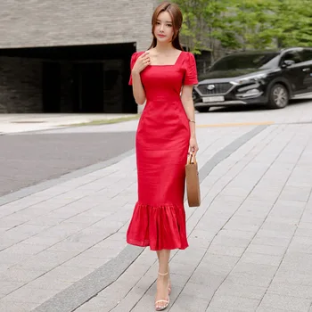 Plus Velikost Sirena Obleko Poletje Rdeče Kratek Rokav Kvadratnih Ovratnik Gleženj-dolžina Ruffles Letnik Elegantno Obleko Vestidos korejski Obleke