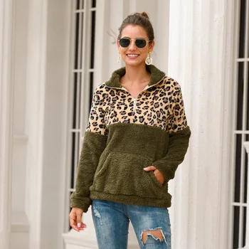 2019 Zimski Flis Kapuco Leopard Moda Mozaik Puhasto Debele Sweatsshirts Toplo Zadrgo Puloverji Ženske Zimski Plašč Vrhovi