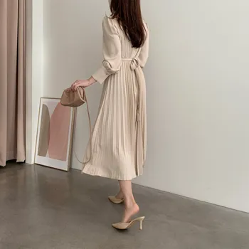 2020 Nove Jesensko Ženske Koreja Elegantna Nabrano Obleko za Ženske z Dolgimi Rokavi Priložnostne Trdne Temperament Lady Obleke Vestidos