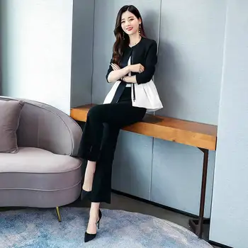2020 Pomlad Korejski Elegantni Črni In Beli Mozaik 2 Delni Set Ženske, Ženska Moda Obleke Plus Velikost Oblačila