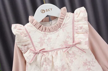 2020 Pozimi Sweet Baby Dekleta Oblačenja Roza Dolg Rokav Natisnjeni A-line Obleko Zgostitev Toplo Princesa Obleko Otroci
