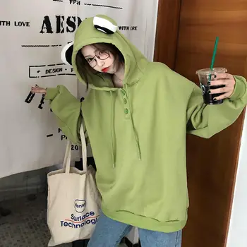 2020 Žensk Novo Žaba Hoodies Precej Anime Žaba Prevelik Majica Plus Velikost Zeleni pulover s kapuco Kawaii Zimska Oblačila Ženske