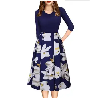 2021 Vintage Moda obleko ženske Proti-vrat cvjetnim tiskanja linijo Visoko Pasu Sredi rokav Retro Stranka Mozaik Žep obleke