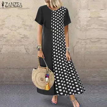 2021 ZANZEA Moda Natisnjeni Mozaik Maxi Obleka Ženske Poletje Sundress Kratek Rokav Polka Dot Vestidos Plus Velikost Priložnostne Robe