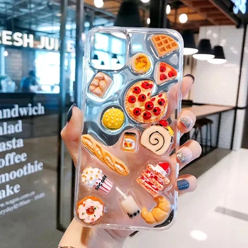 3D Srčkan Jasno Pizza Kruh Torto Primeru Telefon Za iPhone 12Case XR XS MAX 7 8 Plus Jagode Koktajl Krof Pregleden Mehko Pokrov