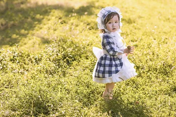3PCS Baby Girl Jesen Poletje Dolg Rokav Modra Kariran Angliji Letnik turški španska Princesa Obleke Obleko za Rojstni dan, Božič