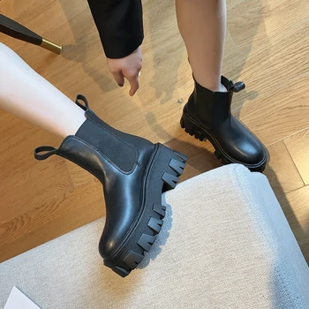 ADBOOV Debel Edini Chelsea Škornji Ženske Zdrsne Na Škornji Usnjeni Platformo Škornji Ženske