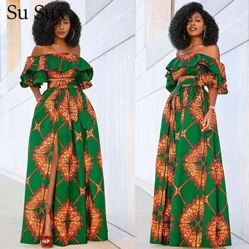 Afriške Obleke Za Ženske Dashiki Tiskanja Dva Kosa Iz Afriških Oblačilih Ruffles Obreži Zgoraj&Dolgo Krilo Obleko Trenirko Vestidos 2020