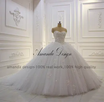 Amanda Design vestido de novia manga larga brez naramnic Čipke Aplicirano Zabuhle Žogo Obleke Poročni Obleki