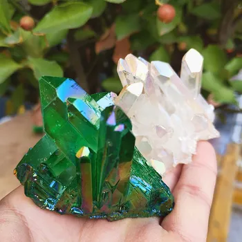 Aura angel crystal grozdov zelene in bele naravno prevleko iz Titana gemstone quartz gruče Zdravljenje doma dekor
