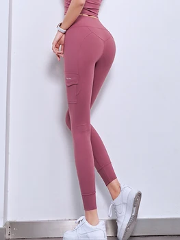 Breskev zadnjico fitnes hlače ženske orodje žep visoko pasu joga hlače, jeseni in pozimi teče usposabljanje hlače