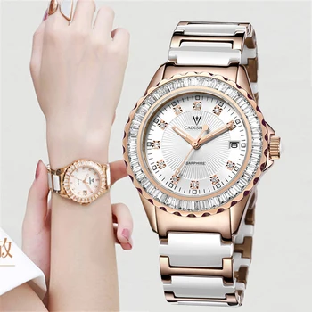 CADISEN Ženske Ure Luksuzne blagovne Znamke Zlato Keramični Trak Samodejna Datum Quartz uro Sapphire Kristalno Vodoodporno Relojes Mujer