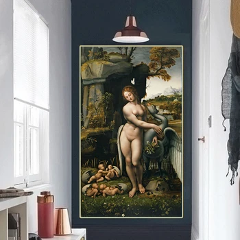 Citon Leonardo da Vinci《Leda in Labod》Platno Umetnosti Oljno sliko Umetnine Plakat Slika Stenski Dekor Doma Dnevna soba Dekoracijo