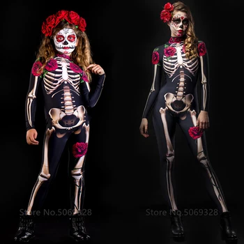 Družina Kostumi za Odrasle Otroci Halloween Kostum Hudič Ženske Okostje Rose Grozo Duha Jumpsuit Uspešnosti Strašen Dan Mrtvih