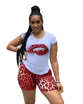 Dve Peice Set za Ženske Poletje 2020 Moda Ustnice Majica s kratkimi rokavi in Leopard Hlače 2 Kos Ujemajoče Niz Obleke Conjunto 2 Piezas Mujer