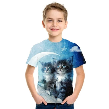 Fant živali risanka T-shirt 3D mačka volk živali kratka sleeved poletnih vrh otroška oblačila fant T-shirt dekle otroška T-shirt majica