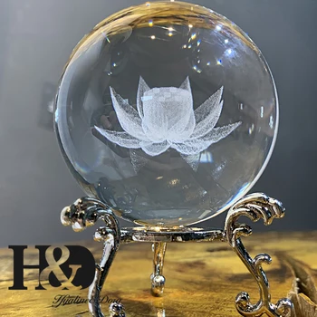 H&D 60 mm 3D Lasersko Vgravirana Lotus Flower Stekleno Kroglo Kristal Zdravljenja Žogo Miniature Sferi Doma Dekoracijo Dodatki s Stojalom