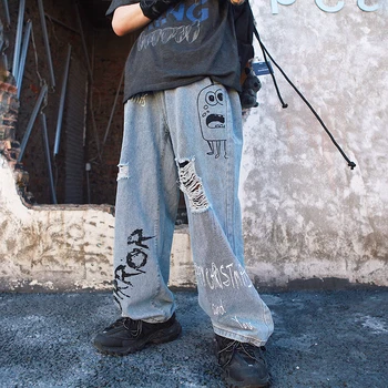 Harajuku Grafiti, Tiskanje Širok Noge Kavbojke Moški Ženska Modra Pranje Luknjo Jeans Hlače za Moške Hip Hop Svoboden Traper Hlače 2019