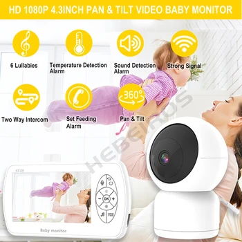 Hebeiros 1080P 4.3 Palčni Video Baby Monitor Z Glasbo, ki Govori Nazaj Night Vision 360 PTZ Kamere, Baterija Varnosti Varuška Wifi Kamera