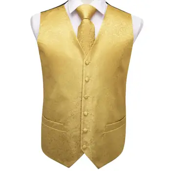 Hi-Tie Paisley Moški Telovnik Komplet Silk Black Gold Waistcoat Nova Zasnova Obleko Obleko Telovnik Za Moške, Poroka, Poslovni Formalno Jakno