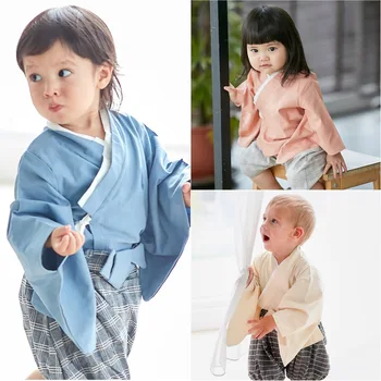 Japonski Kimono Baby Dekleta, Fantje, Otroci Pižame Cvjetnim Tiskanja Jumpsuit Sleepwear Otroci Srčkan Igralne Obleke Yukata Korejski Hanbok Pižame
