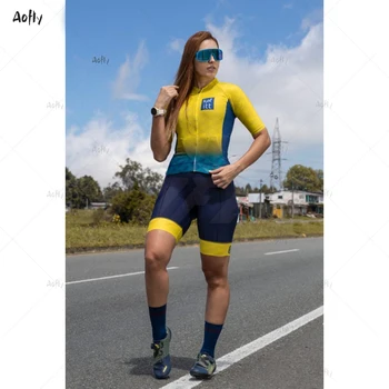 Kafitt Rumena modra Kratek Rokav Nekaj kolesarjenje, Triatlon obleko Kolesarjenje Skinsuit Maillot Ropa Ciclismo MTB kolo jumpsuit poletje