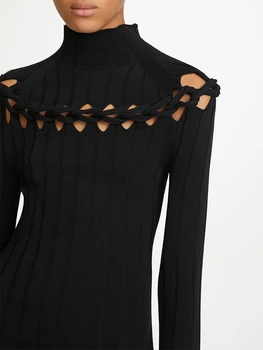 K&L Polovica visoko vratu openwork pletene pleteno obleko ženske jeseni leta 2020 nove unisex minimalističen slog dolg rokav tesen midi krilo