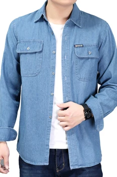 Kavboj Rokavi Moški 2019 Pomlad Denim Bluzo Moških Dolg Rokav Plus Velikost Solid Blue Bombaž Dela Priložnostne Srajce za Moške Obleko Srajco