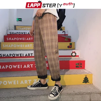 LAPPSTER-Mladinske Ulične Black Kariran Hlače Moški Joggers 2020 Mens Naravnost Harem Hlače Moški korejski Hip Hop Hlače Plus Velikost