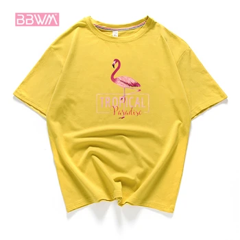 Lepe Ženske Novi korejski Bombaža T-shirt Poletje Kratki rokavi T-shirt Svoboden Okrogle Ovratnik Divje Flamingo Tiskanje Rumena Ženski