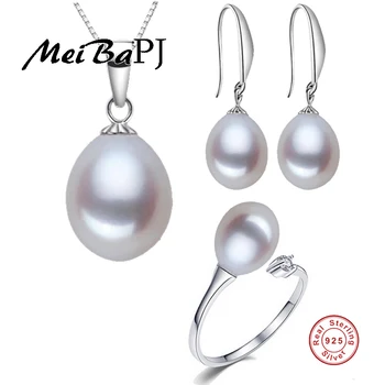 [MeiBaPJ] trdne 925 sterling srebrni nakit set za ženske naravnih sladkovodnih pearl obesek, uhani, prstan kaplja vode nakit