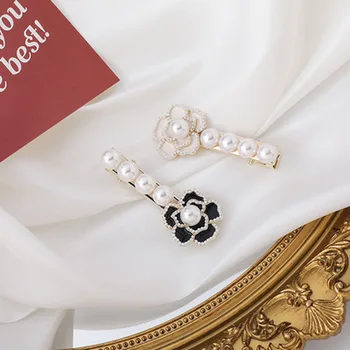 Minar Retro Črno Beli Emajl Camellia Barrettes za Ženske Lady Simulirani Pearl Cvet Sponke Lasnice Pribor za Lase Pokrivala
