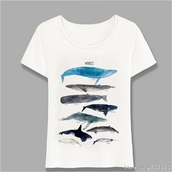 Moda Poletje Ženske t-shirt Pisane Akvarel Kita Grafikon T-Shirt Smešno Cetacea Oblikovanje Priložnostne Dekle Vrhovi Ženska Tees Harajuku