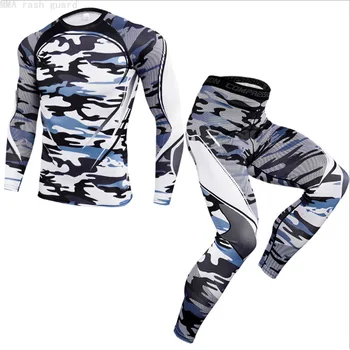 Moške popolno obleko trenirko Compression majica + fitnes dokolenke, 2-pc set Vlago wicking nogavice Zimske termalne slim joggers Moški