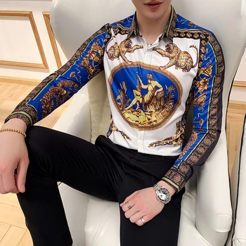 Moške Socialne Majica Dolg Rokav Luksuzna Leopard Natisnjeni Cvet Majica Priložnostne Slim Fit Moških Modnih Človek Vintage Obleko Srajce 6xl