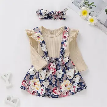 Newborn Baby Dekleta Obleke Cvetlični Long Sleeve Solid Color Romper+ Cvetlični Obleko 3pcs+Cvetlični Glavo Jeseni, Pozimi Obleko