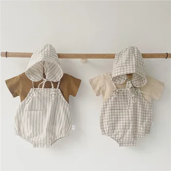 Newborn Baby Oblačila Trdna Kratek Rokav Tee in Kariran Bodysuits s Pokrivalo za Malčke Dekle Oblačila QZ056