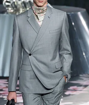 Novo priljubljeno en gumb design sivo obleko čeden moški po meri suknjič hlače ženina poročna slim fit jopičem Trajes de hombre kostum