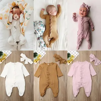 Novorojenček Dojenček Fant Dekle Jesenski Oblačila Trdna Footies+Glavo 2pcs Sleepwear Pižame