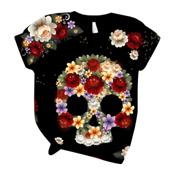 Plus Velikost Womens Estetske T Majica Kratek Rokav 3D Lobanje Natisnjeni O-Vrat Tee T-Shirt poletje Vrhovi Camisas Mujer 2021