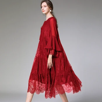 Plus velikost ženske pomlad novo ohlapne obleke flare rokav šifon mozaik čipke obleko velikosti ženske' high-end Elegantno obleko