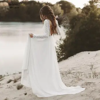 Poceni Plaži Poročno Obleko Z Dolgimi Rokavi Boho V Vratu Odpri Nazaj Poročne Obleke 2020 Šifon Princesa Čipke Šifon Poročni Obleki Novia