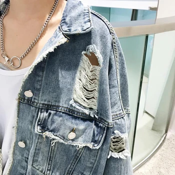 Pohaban Raztrgala Luknjo Denim Jakna Ženske Osnovne Plašč Bombniki Letnik Jeans jakne 2020 Jeseni Priložnostne Ulične Hip Hop Outwear