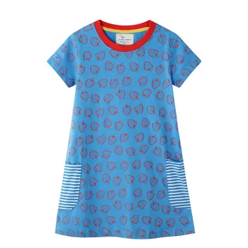 Poletje Dekleta Obleko z Jagoda natisnjeni Moda Bombaža Žepi Otroška Oblačila Tunika Otroci, Dekleta Obleke