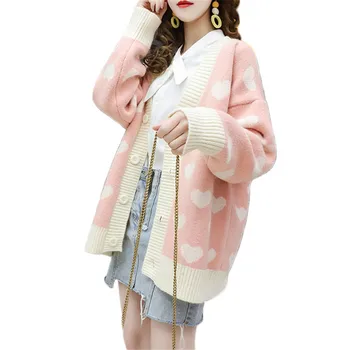 Pulover ženske roza belo srce, ki tiskanja ohlapno pletene jopice 2020 jeseni, pozimi novo sladko dolgimi rokavi, puloverji feminina LR830