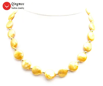 Qingmos Trendy Naravnih Biserna Ogrlica za Ženske z 12 mm Kovanec Oranžna Pearl Chokers Ogrlica Nakit 17