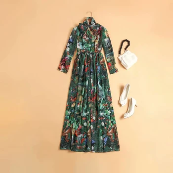 SEQINYY Elegantna Dolga Obleka 2020 Poletje Pomlad Novo Modno Oblikovanje Ženske Dolg Rokav Cvetje Tiskanim Zelenim High Street Obleko