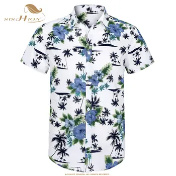 SISHION Bombaž Hawaiian Majica Kratek Rokav Kokosovo Drevo Cvjetnim Tiskanja Poletje Plaža Casual Moški Majica MS0006 Plus Velikost Havajih Majica