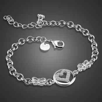 Stilsko in elegantno sterling srebrni nakit Trdna 925 srebro cirkon v obliki srca zapestnica 20 cm Žena / punca srebrno zapestnico darilo