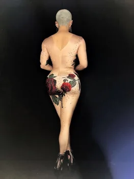 Svetlo Kristali Rose Cvet Jumpsuit Ženske Seksi Obleko Stranka Kostume Fazi Obrabe BodySuit Dance Pevka Okrasnih Igralne Obleke